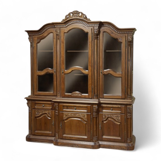 Bufete din Lemn Masiv, Bufet Vitrină lemn masiv, maro/alb, 3 uși, Cristina