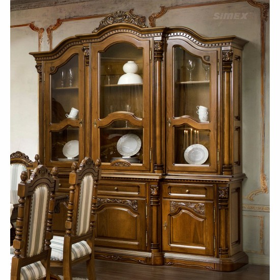 Bufete din Lemn Masiv, Bufet Vitrină lemn masiv, maro/alb, 3 uși, Cristina