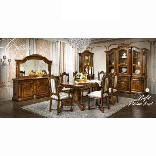 Bufete din Lemn Masiv, Bufet Vitrină lemn masiv, maro/alb, 3 uși, Cristina