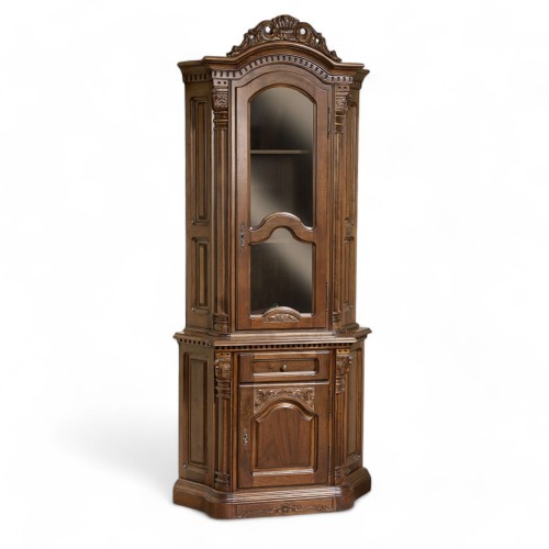 Bufet Vitrină colț lemn masiv, maro/alb, inserții ornamentale, Cristina