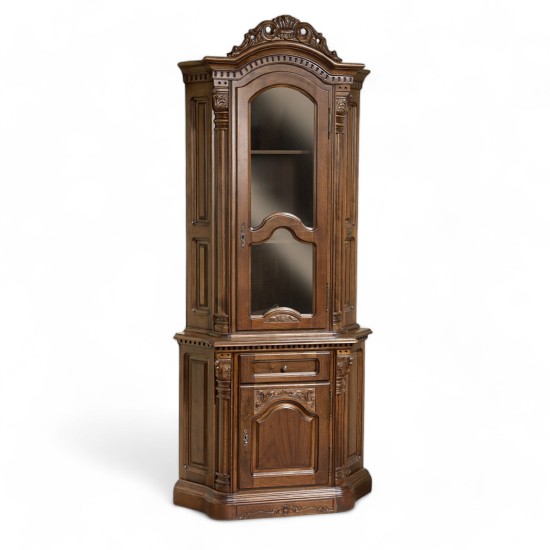 Bufete din Lemn Masiv, Bufet Vitrină colț lemn masiv, maro/alb, inserții ornamentale, Cristina