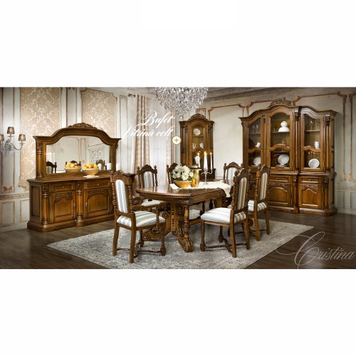 Bufet Vitrină colț lemn masiv, maro/alb, inserții ornamentale, Cristina