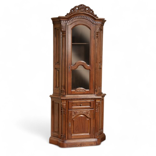 Bufet Vitrină colț lemn masiv, maro/alb, inserții ornamentale, Cristina Bufet Vitrină colț lemn masiv, maro/alb, inserții ornamentale, Cristina