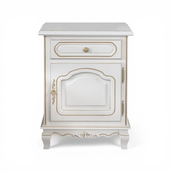 Noptiere din lemn masiv, Noptieră lemn masiv, maro/alb, 1 sertar, 1 ușă, stânga, Elips