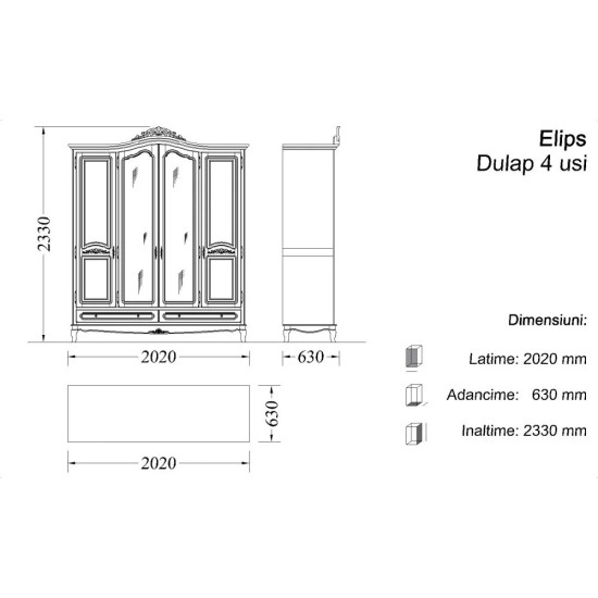 Dulapuri din lemn masiv, Dulap lemn masiv, maro/alb, cu oglindă, 4 uși, Elips