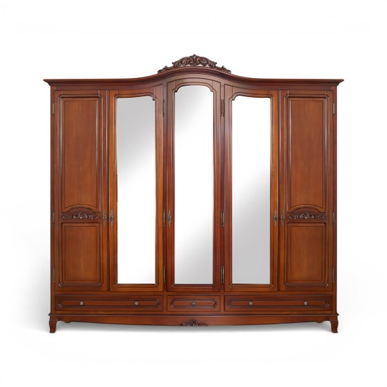 Dulapuri din lemn masiv, Dulap lemn masiv, maro/alb, cu oglinzi, 5 uși, Elips