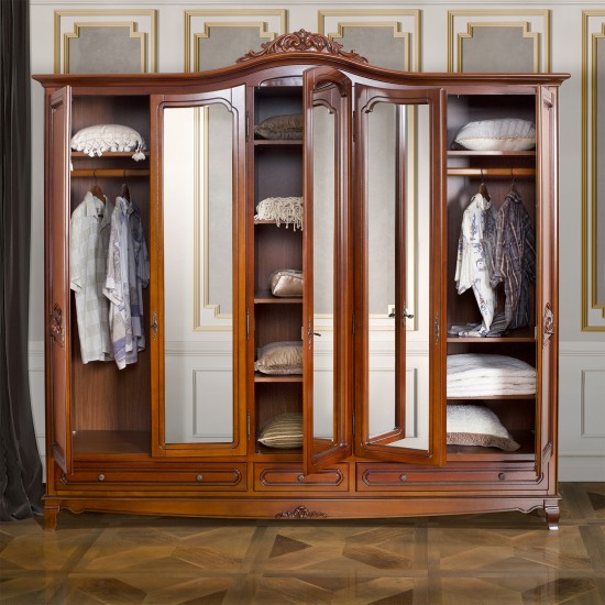 Dulapuri din lemn masiv, Dulap lemn masiv, maro/alb, cu oglinzi, 5 uși, Elips