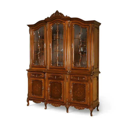 Bufet vitrină lemn masiv, maro/alb, 3 uși, Cleopatra