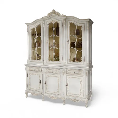 Bufet vitrină lemn masiv, maro/alb, 3 uși, Cleopatra