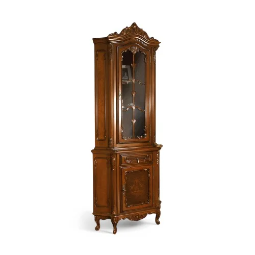 Bufet vitrină colț lemn masiv, maro/alb, inserții ornamentale, Cleopatra