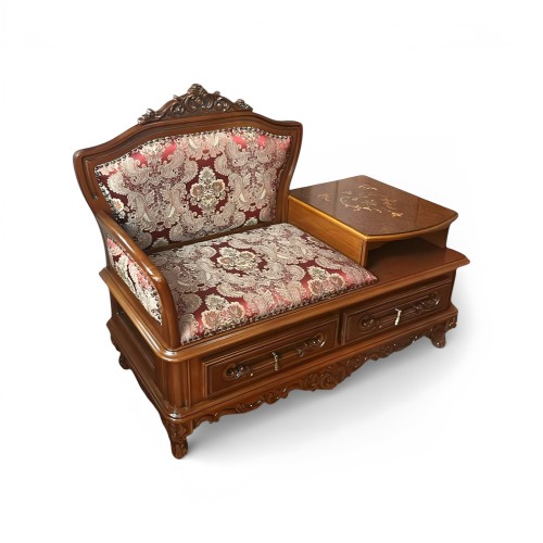 Bancă telefon lemn masiv, maro/alb, tapisată, Cleopatra