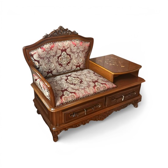 Bancă telefon lemn masiv, maro/alb, tapisată, Cleopatra