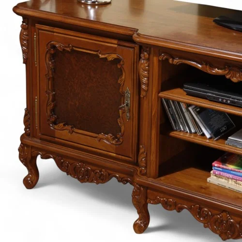 Bufet tv plasmă lemn masiv, maro/alb, inserții ornamentale, Cleopatra