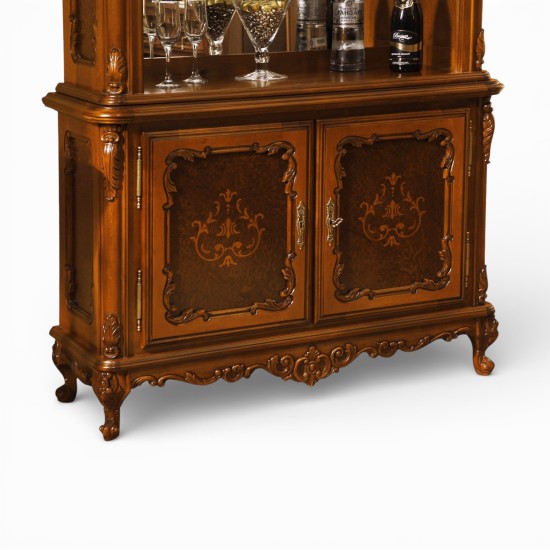 Bufete din Lemn Masiv, Bufet vitrină bar lemn masiv, maro/alb, inserții ornamentale, Cleopatra