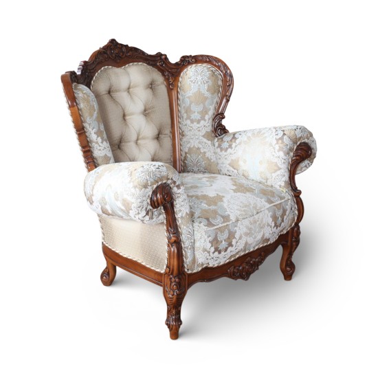 Fotolii din lemn masiv, Fotoliu lemn masiv, maro/alb, tapisat, Cleopatra