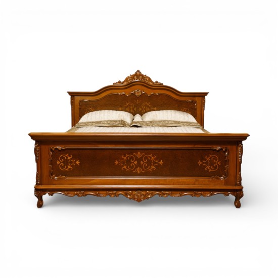 Paturi din lemn masiv, Pat lemn masiv, maro/alb, dublu, 1600, tăblii ornamentate, Cleopatra