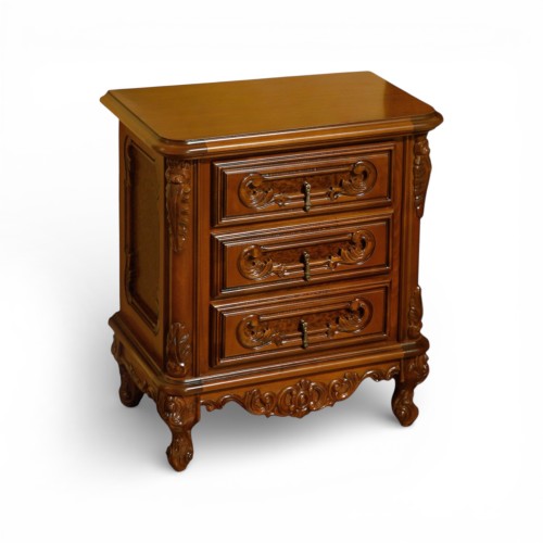 Noptieră lemn masiv, maro/alb, ornamente inserate, Cleopatra