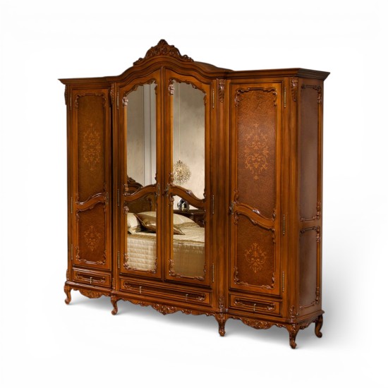 Dulapuri din lemn masiv, Dulap lemn masiv, maro/alb, 4 uși, oglindă masivă, Cleopatra