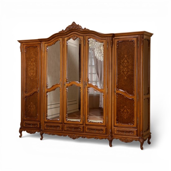 Dulapuri din lemn masiv, Dulap Lemn Masiv, Maro/Alb, 5 Uși, Ornamente Manuale, Cleopatra