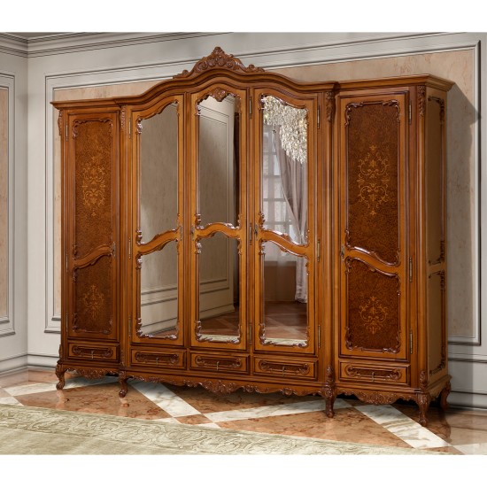 Dulapuri din lemn masiv, Dulap Lemn Masiv, Maro/Alb, 5 Uși, Ornamente Manuale, Cleopatra