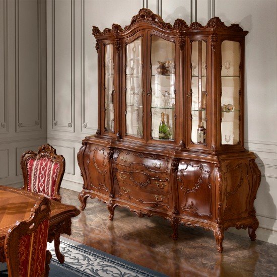 Bufete din Lemn Masiv, Bufet Vitrină lemn masiv, maro/alb, 4 uși, Cleopatra Lux