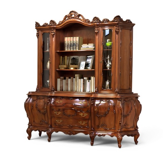 Biblioteci din lemn masiv, Bibliotecă lemn masiv, maro/alb, 4 uși, 3 sertare, Cleopatra Lux