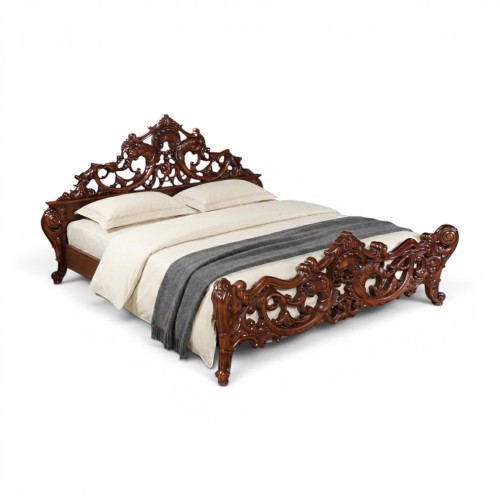 Pat lemn masiv, maro/alb, dublu, 1800, sculpturi manuale, stil Rococo, Cleopatra Lux