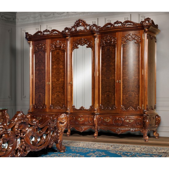 Dulapuri din lemn masiv, Dulap Lemn Masiv, Maro/Alb, 5 Uși, Ornamente Manuale, Cleopatra Lux