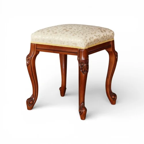 Taburet lemn masiv, maro/alb, tapisat, ornamente atașate, Firenze