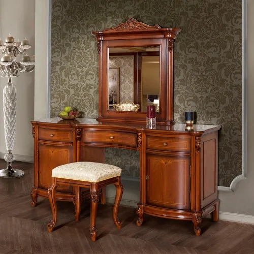 Taburet lemn masiv, maro/alb, tapisat, ornamente atașate, Firenze