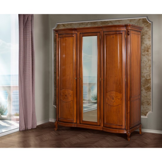 Dulapuri din lemn masiv, Dulap lemn masiv, maro/alb, 3 uși, oglindă, Firenze