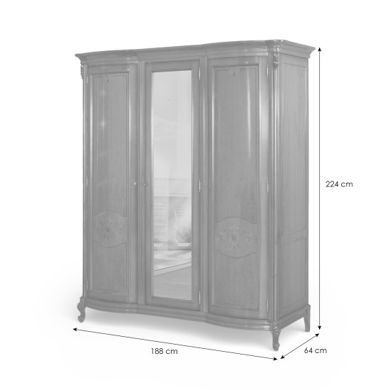 Dulapuri din lemn masiv, Dulap lemn masiv, maro/alb, 3 uși, oglindă, Firenze