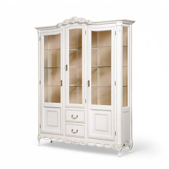Cristalier lemn masiv, alb, 3 uși, 2 sertare, Flora