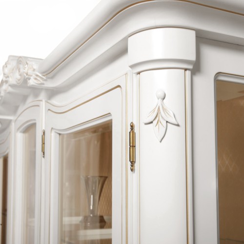 Cristalier lemn masiv, alb, 3 uși, 2 sertare, Flora