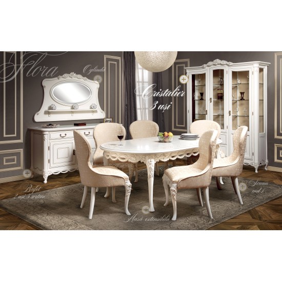 Cristalier lemn masiv, alb, 3 uși, 2 sertare, Flora