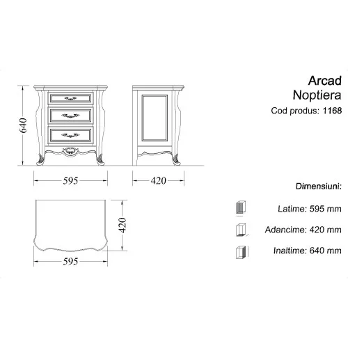 Noptieră lemn masiv, maro/alb, 3 sertare, Arcad