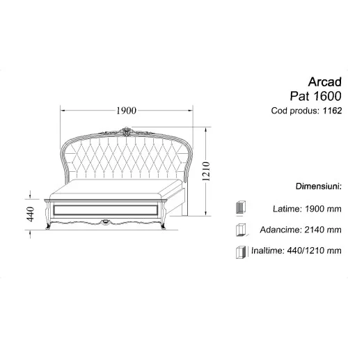 Pat lemn masiv, maro/alb, dublu, 1600, tăblie tapisată, Arcad