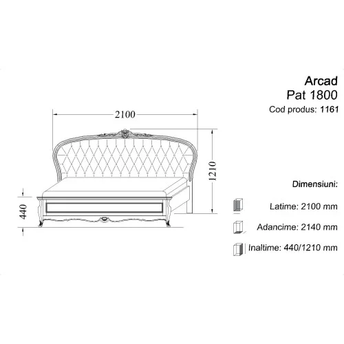 Pat lemn masiv, maro/alb, dublu, 1800, tăblie tapisată, Arcad