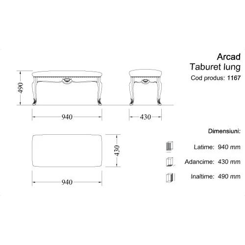 Taburet Lemn Masiv, Maro/Alb, Tapisat, lung, Arcad