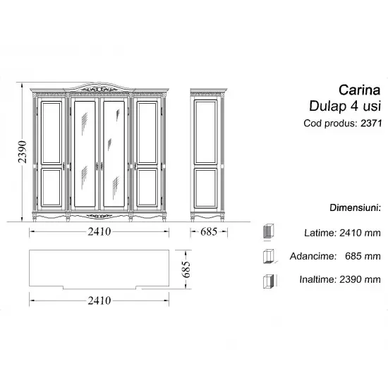 Dulap 4 usi - Carina Dulapuri din lemn masiv, Dulap lemn masiv, maro/alb, cu oglinzi, 4 uși, Carina