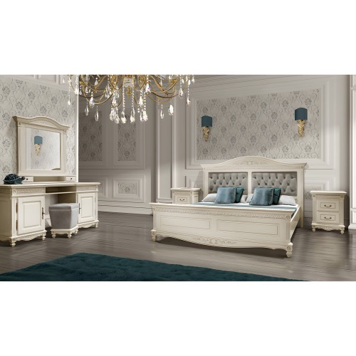 Dormitor lemn masiv, din tei & fag, off white, 9 piese - Carina