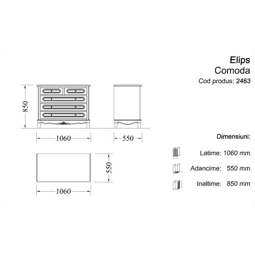 Comodă lemn masiv, maro/alb, 5 sertare, Elips Comodă lemn masiv, maro/alb, 5 sertare, Elips