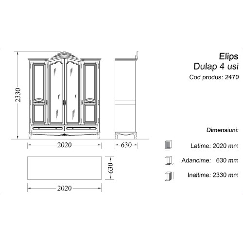 Dulap lemn masiv, maro/alb, cu oglindă, 4 uși, Elips