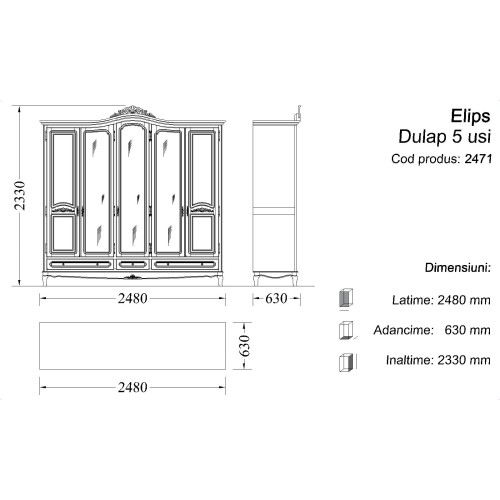 Dulap lemn masiv, maro/alb, cu oglinzi, 5 uși, Elips