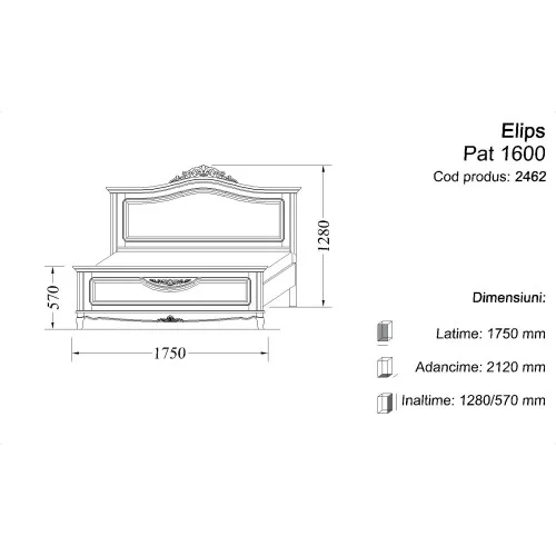 Pat lemn masiv, maro/alb, dublu, 1600, inserții ornamentale, Elips