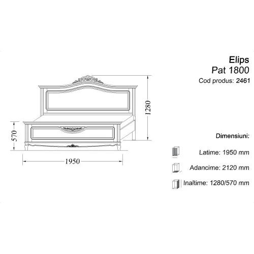 Pat lemn masiv, maro/alb, dublu, 1800, inserții ornamentale, Elips