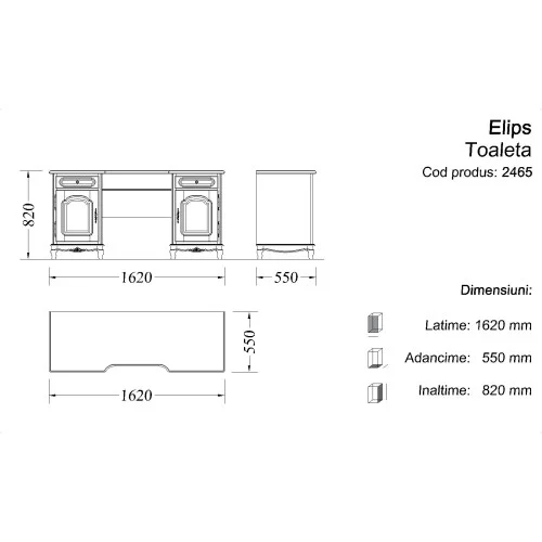 Toaletă lemn masiv, maro/alb, 2 sertare, 2 uși, Elips