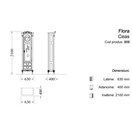 Vitrină cu ceas cu pendul, lemn masiv, alb, 1 ușa, 2 sertare, Flora Vitrină cu ceas cu pendul, lemn masiv, alb, 1 ușa, 2 sertare, Flora