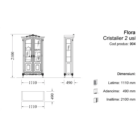 Cristalier 2 usi - Flora Cristaliere din Lemn Masiv, Cristalier lemn masiv, alb, 2 uși, Flora