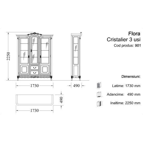 Cristalier 3 usi - Flora Cristaliere din Lemn Masiv, Cristalier lemn masiv, alb, 3 uși, Flora